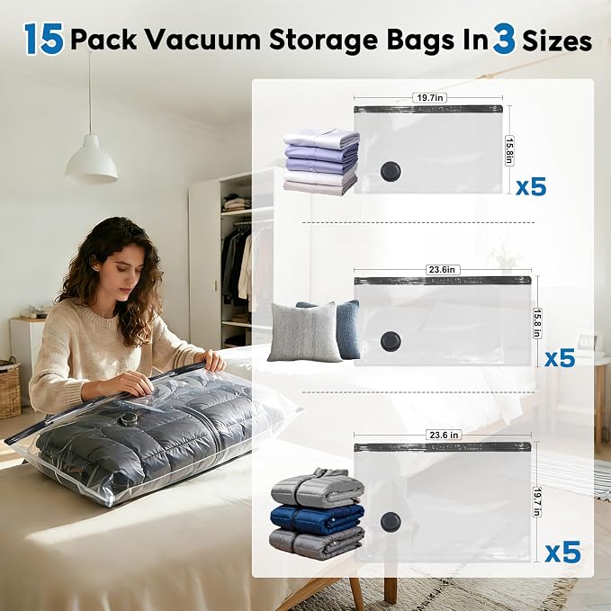 Mapambo Travel Vacuum Bags with -60000Pa LED Pump, 15 Pack Vacuum Seal Bags for Clothing Travel in 3 Combo Sizes, Vacuums Storage Bags for Clothes, Save 80% of Space (15 Combo)