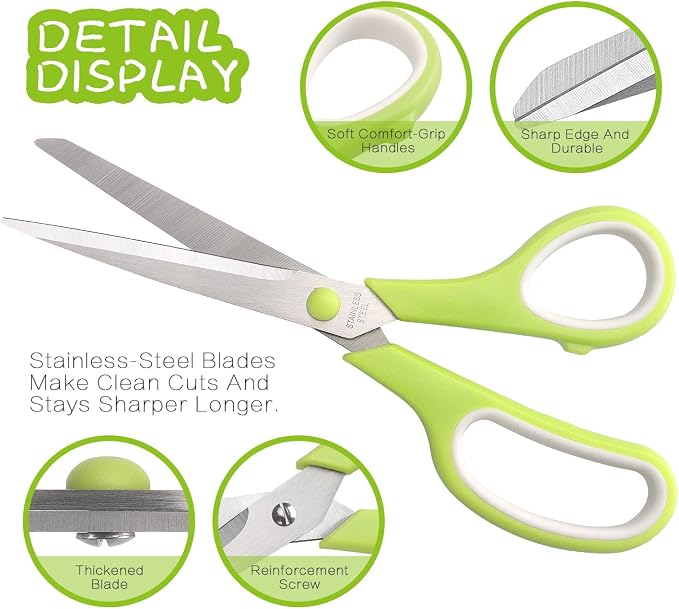 LONGKEY 8.5" Pastel Scissors 3-Pack, Ultra Sharp Stainless Steel | Scissors for Office Home School, Soft Comfort-Grip Right/Left Hand