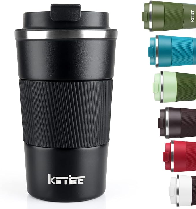 KETIEE Travel Mug 12oz, Vacuum Insulated Coffee Mug with Leakproof Lid, Travel Coffee Tumbler Stainless Steel Double Walled Reusable Coffee Cup for Hot and Iced Water (Black)