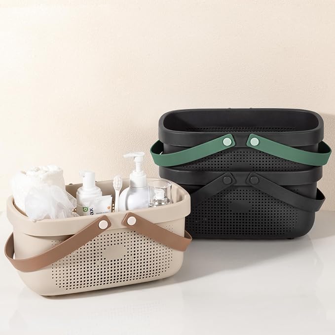 Portable Shower Caddy Basket with Handles Plastic Storage Basket Beige | Sturdy Drainage Large Capacity Organizer Basket with Silicone Handles for Bathroom Kitchen Bedroom College Dorm Essentials