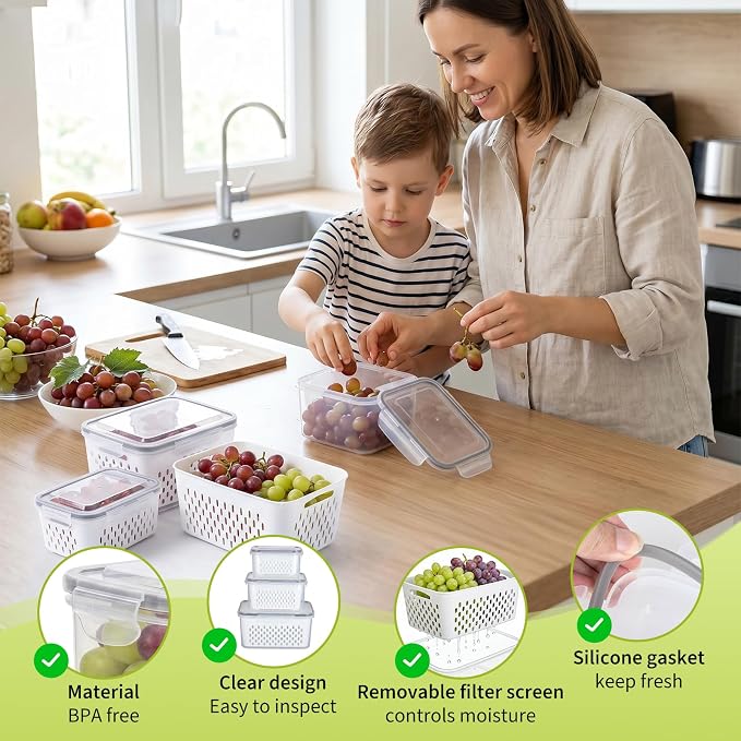 Fruit Storage Containers for Fridge, Grape Organizers with Removable Colander, 3-Pack No-Leak Design, Durable and Easy to Clean, Keeps Grapes Fresh, Perfect for Fridge Storage and Organization