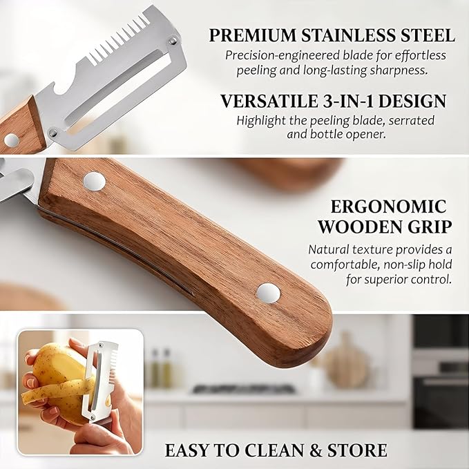 Vegetable Peeler for Kitchen – Multifunctional Stainless Steel Peeler with Wooden Handle & Bottle Opener, Durable for Fruits and Vegetables