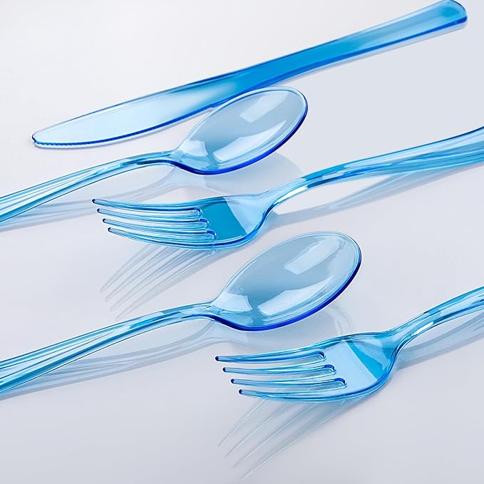 180 Pieces Blue Plastic Silverware Disposable - Clear Blue Cutlery Sets 60 Forks, 60 Knives and 60 Spoons - Heavy Duty Utensils for Party, Wedding, Graduation