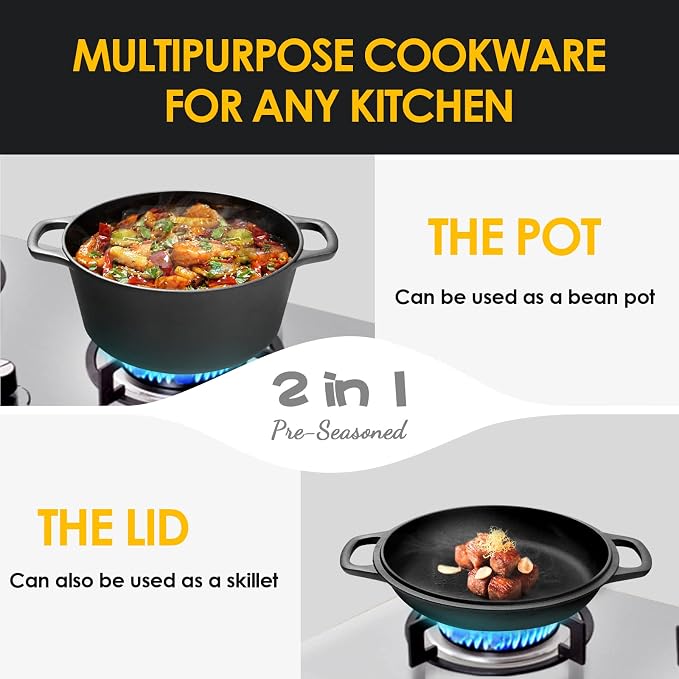 EDGING CASTING 2-in-1 Pre-Seasoned Cast Iron Dutch Oven Pot with Skillet Lid Cooking Pan, Cast Iron Skillet Cookware Pan Set with Dual Handles, Indoor Outdoor for Bread/Frying/Baking/Camping/BBQ, 5 Qt