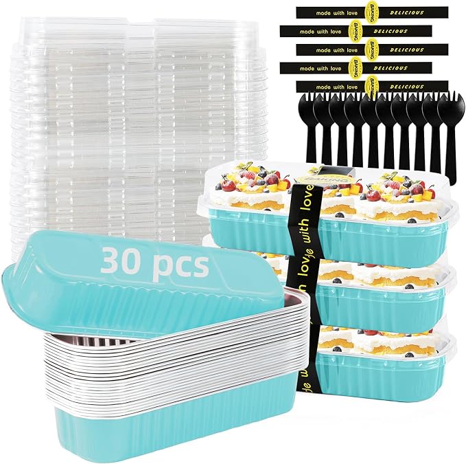 Mini Loaf Pans with Lids and Spoons Sealing Sticker,6.8oz Cake Pans for Baking Disposable Aluminum Foil Pink/Red cake pan (30, 30 Pcs Blue)