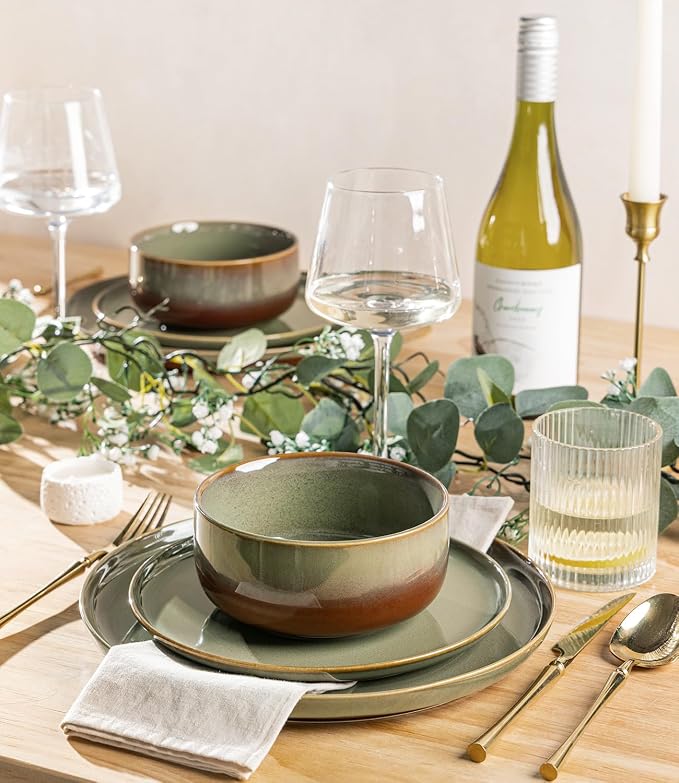 Ceramic Dinnerware Set for 4, 12-Piece Plates and Bowls Set | Handmade Reactive Glaze Dish Set, Scratch Resistant, Oven & Microwave & Dishwasher Safe, Sage Umber