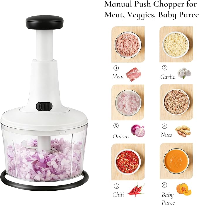 Manual Hand Push Food Chopper, Vegetable Dicer Mincer with Container, Egg Whisk & Salad Spinner for Salsa, Salad, Pesto, Hummus