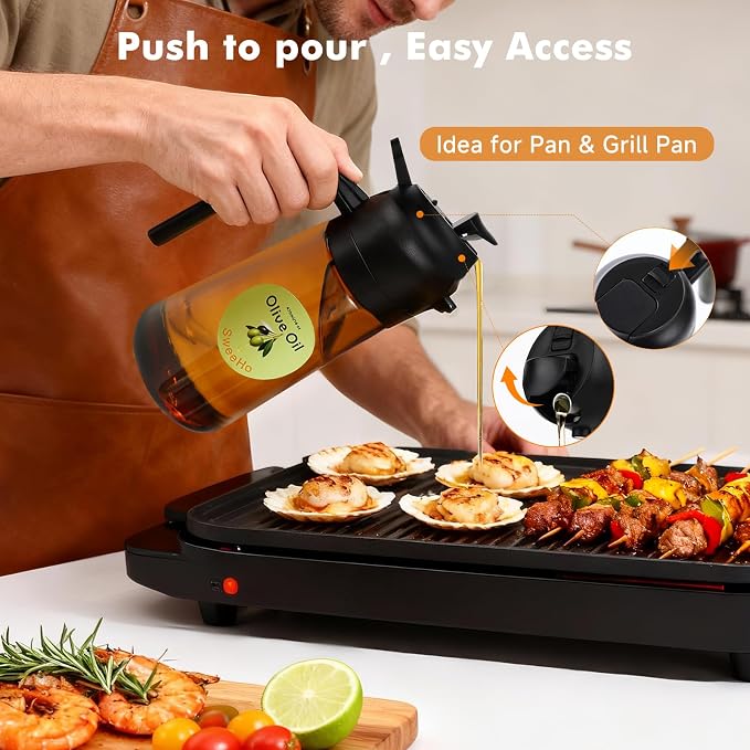 Oil Sprayer for Cooking,470ml Cooking Olive Oil Sprayer and Oil Dispenser 2 In 1, Food-grade Glass Oil Spray Bottle Mister for Air Fryer, BBQ, Griddle (Black+dark brown glass and color label)
