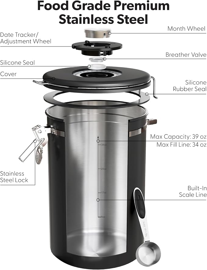 Veken Coffee Canister with Window, 39OZ Large Airtight Stainless Steel Jars | Kitchen Food Storage Pantry Container for 2.2lbs Beans,Ground,Espresso,Rice,Tea,Sugar,Bar Accessories,Gifts,Lids, Scoop,Black