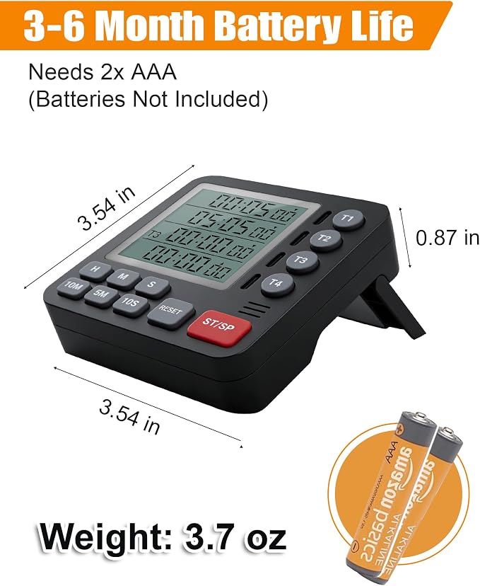 TPNEG Digital Kitchen Timer - 4-Channel Cooking Timer with Alarm, Magnetic Back, Loud & Silent Modes, Count Up/Down, Ideal for ovens, Seniors, Kids and classrooms, Replaceable AAA Battery
