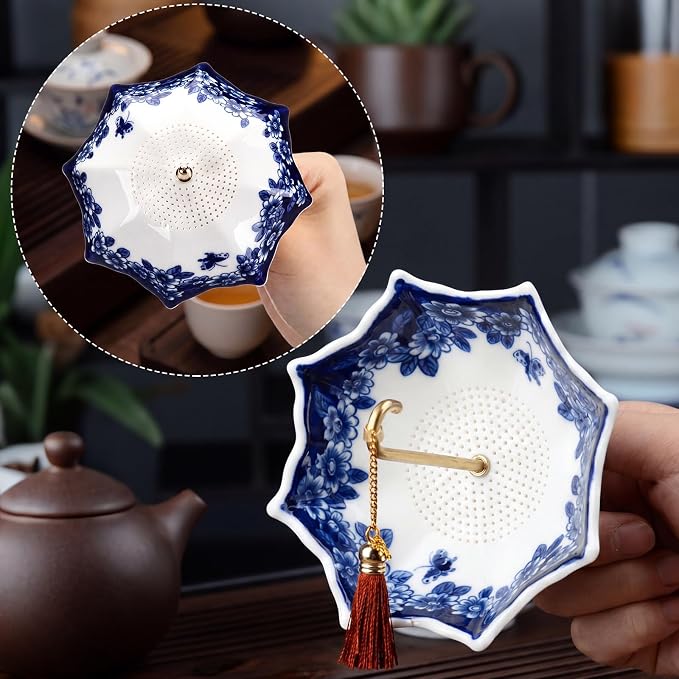 Umbrella Tea Strainer Chinese Blue and White Porcelain Strainer Umbrella Shape Ceramic Tea Infuser with Rotating Design Multi Purpose Infuser for Kung Fu, Coffee, Brewing