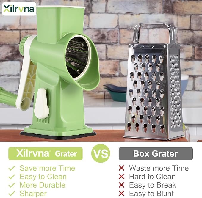 Rotary Cheese Grater Hand Crank Transparent - Shredder Slicer Grinder 3 Stainless Steel Blades, Stable Suction, Labor-Saving Handle, Safe Kitchen Tool for Cheese, Vegetable, Nuts, Chocolate