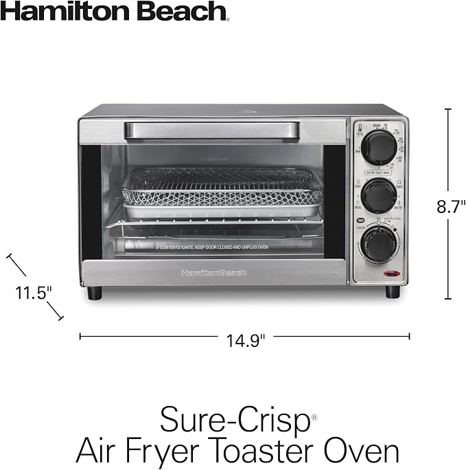 Hamilton Beach 4 Slice Countertop Air Fryer Toaster Oven Combo | Air Fry, Bake, Broil, Toast | 30 Minute Timer | Automatic Shut Off | 200 to 450ºF Adjustable Temp | Stainless Steel | 31403J