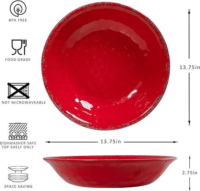 13.75" x2.75'' Extra Large Melamine Serving Bowls, Set of 2, Christmas Bowls Set for Salad, Pasta, Fruit, Unbreakable Farmhouse Deep Bowl. Durable and Dishwasher Safe, True Red