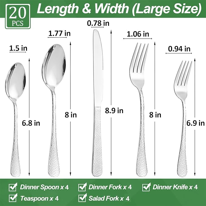 20 Pcs Silverware Set for 4, Food Grade Stainless Steel Flatware Set, Eating Utensils Sets Include Fork/Knife/Spoon, Reusable Cutlery Set for Home Kitchen, Dishwasher Safe, Wave Hammered
