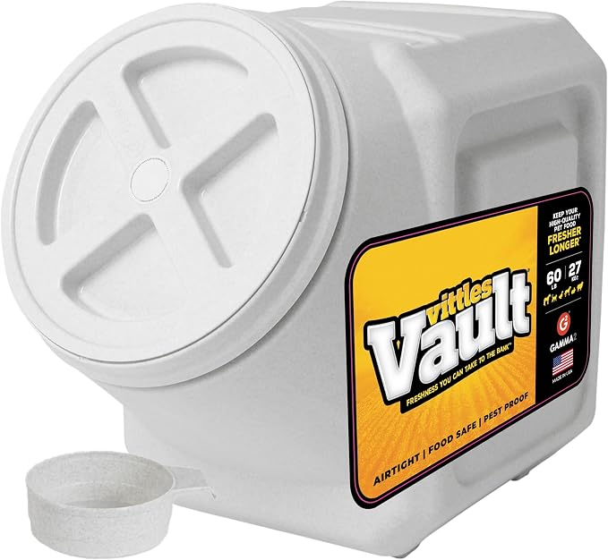 Vittles Vault Traditional Pet Food Storage Container For Dog Kibbles/Bird Seed/Oatmeal/Rice/Flour/Cereal, BPA Free Plastic, Sealed Airtight For Cat Food, Up To 60 lb, Made in USA, With Scoop, Gray