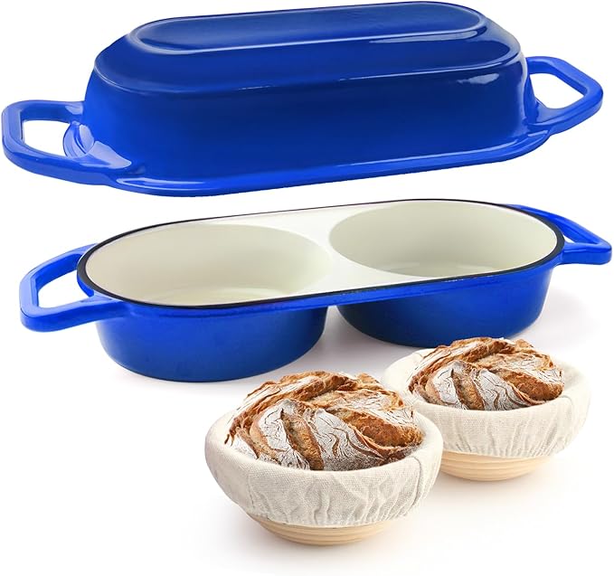YONILL Mini Double Dutch Oven with Lid for Sourdough Bread Baking (Blue) | Enameled Cast Iron Pot with Lid, 5" Banneton Bread Proofing Basket Include, Dual Round Bread Loaf Pan for Homemade Baking