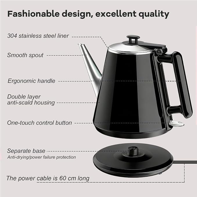 Small Gooseneck Electric Kettle 0.9L, 1000W 304 Stainless Steel | BPA Free, Auto Shut-Off & Boil-Dry Protection, Easy to Use, Vintage Design Tea Kettle Fast Boiling for Home Office Dorm RV
