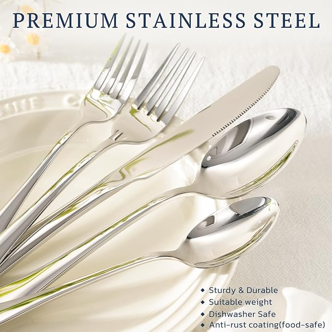 Astercook Silverware Set with Steak Knives 24-Piece Flatware Set for 4 Food-Grade Stainless Steel Cutlery Set Mirror Polished Utensils Set Include Spoons and Forks for Home Kitchen Restaurant