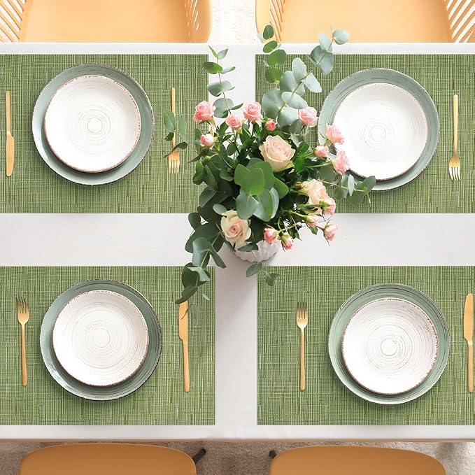 AUAUY Placemats Set of 6, Non-Slip Heat Resistant Table Mats, Green | 6pcs PVC Vinyl Woven Table Placemats Washable for Kitchen Dinning Restaurant, Farmhouse