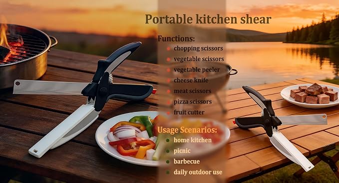 2-in-1 Kitchen Scissors with Cutting Board,Salad scissors. | Detachable Blades.Safety Lock, Dishwasher Safe Portable food cutter sharp slicer for vegetable, fruit, meat, light meal.