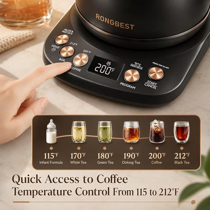 1L Electric Gooseneck Water Kettle with 6 Temperature Control Presets | Stainless Steel Inner & Lid, 2H Keep-warm,1200W Quick Boiling for Pour Over Coffee & Tea Pot, Auto Shut-off, Matte Black