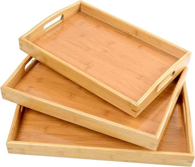 3 Pack Bamboo Serving Trays with Handles, Wooden Food Trays (Beige) | Bamboo Food Trays, Perfect For Breakfast In Bed, Sofa Dining, Serving Drinks, Snacks, And Everyday Organization