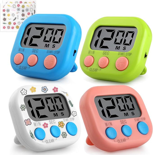 Kitchen Timers 4 Pack, Electronic Timers with Loud Alarm for Cooking, Magnetic Digital Timers Big LCD Display Blue Green Pink White (No Battery Included)