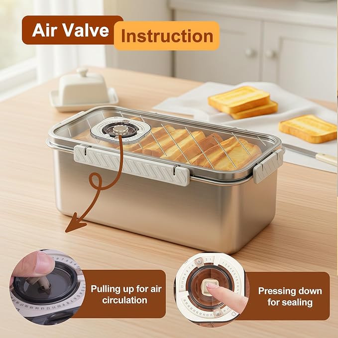 Gifhomfix Bread Box 304 Stainless Steel Bread Storage Container, Dishwasher Safe Bread Box for Homemade Bread, Time Recording Bread Container with Lid