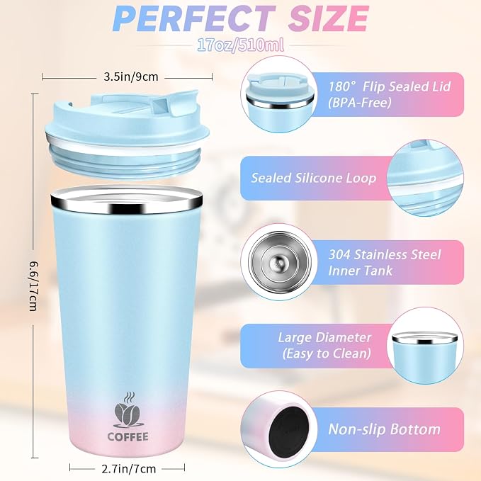 Insulated Travel Coffee Mug Reusable Coffee Tumbler Cup with Flip Lid Leak Proof Spill Proof for Office School Party Camping Hot and Cold Drink,Stainless Steel 17oz (Blue Pink)