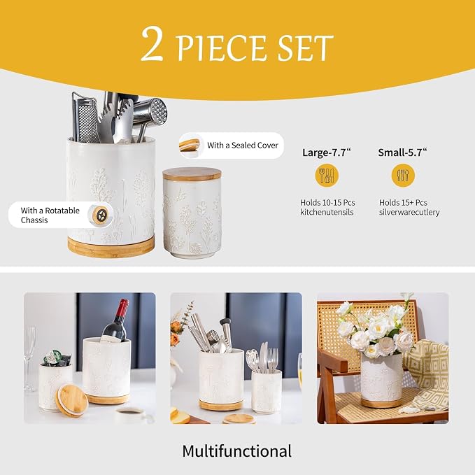 TEATALK Vintage Ceramic Utensil Crock Set, Airtight Lid & Rotating Base for Countertop, Farmhouse Kitchen Organizer, Large and Small Dark Blue Crocks in White Garden Pattern, 7.7"+5.7"