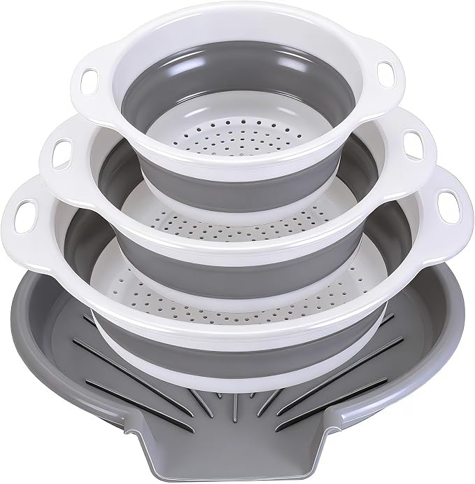 Collapsible Colander Set with Oversized Draining Tray | 3-Pack Foldable Kitchen Strainers + Base | Space Saving for Pasta, Veggies, Fruit & Rice | 5 Colors (Gray-White)