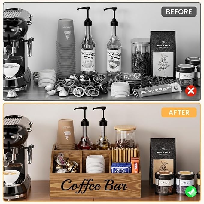 Coffee Station Organizer for Countertop – Wooden Coffee Bar Organizer with Adjustable Dividers,Holds K Cup Pod & syrup bottles, for Kitchen, Office, or Bar and Tea Station, Brown