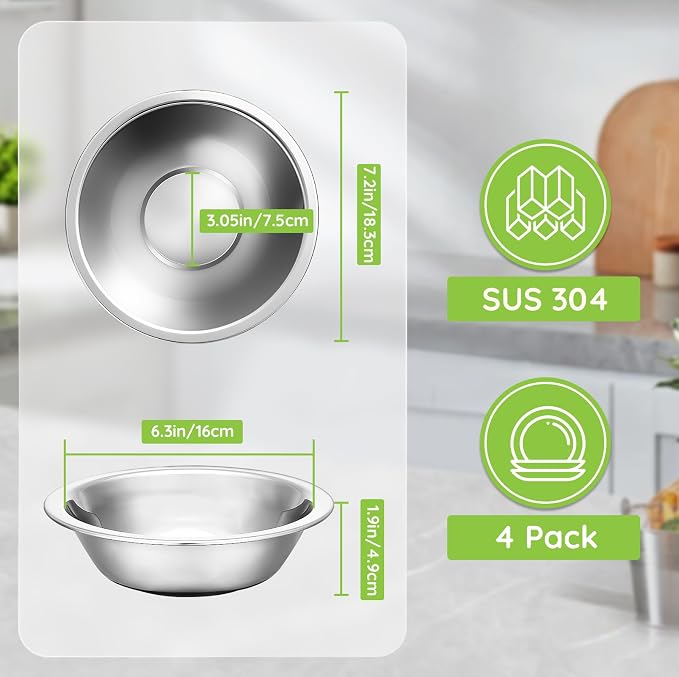 304(18/8) Stainless Steel Mixing Bowls for Kitchen, 4 Pack 7" 21.22 fl.oz Metal Mixing Bowls Set Stackable for Baking Serving Cooking Food Prep Storage Dishwasher Safe Heavy Duty
