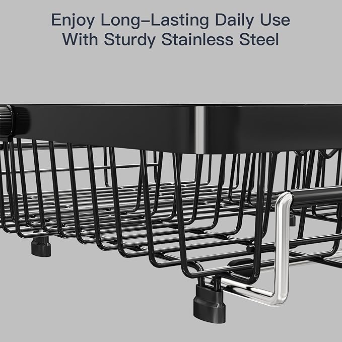 Dish Drying Rack Over The Sink with Utensil Holder, Mat | Expandable Stainless Steel Dish Drainer for Small Kitchen, Apartment, RV, Counter Space Saving, Perfect Fit, Rustproof