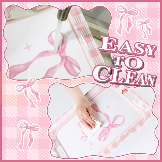 gisgfim 2PCS Pink Bow Serving Trays with Handles 16 X 11 Inch Large Melamine Platter Bow Party Decorations Food Tray Dessert Plate Dish for Girls Bachelorette Wedding Birthday Party Supplies