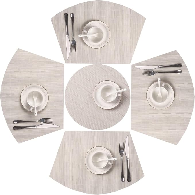 SHACOS Small Round Table Placemats Set of 5 Wedge Shaped Place Mat with Centerpiece Round Mat Heat Resistant Table Mats Washable (5, Beige)