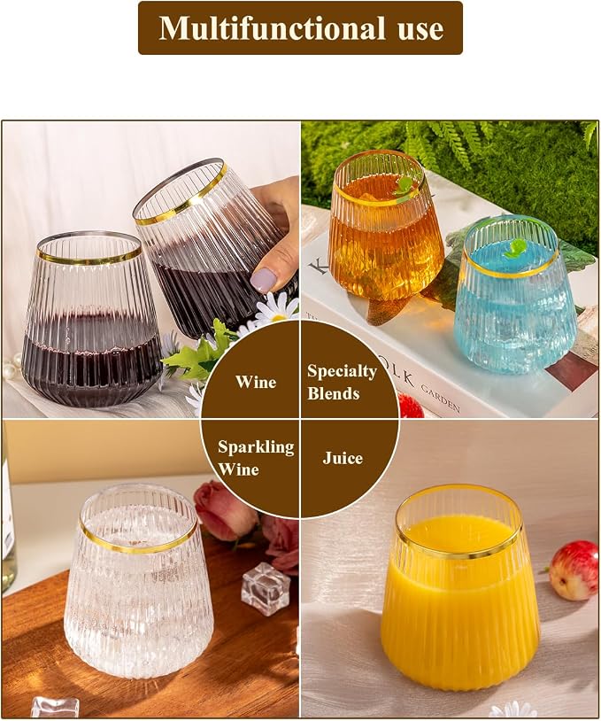 Goodluck 120 Pack 12oz Stemless Ribbed Plastic Wine Glasses Gold Rim | Clear Cups Fancy Reusable Disposable Drinkware for Weddings, Parties, Bars, Indoor and Outdoor Events