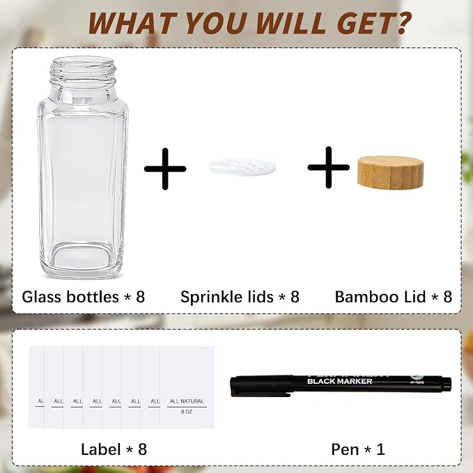 8Oz 8Pcs Glass Spice Jars with Label, Seasoning Containers, Spice Containers with Bamboo Lids & Pen, Empty Spice Bottles for Salt, Herbs, Sugar, Pepper (Natural Wood Color)