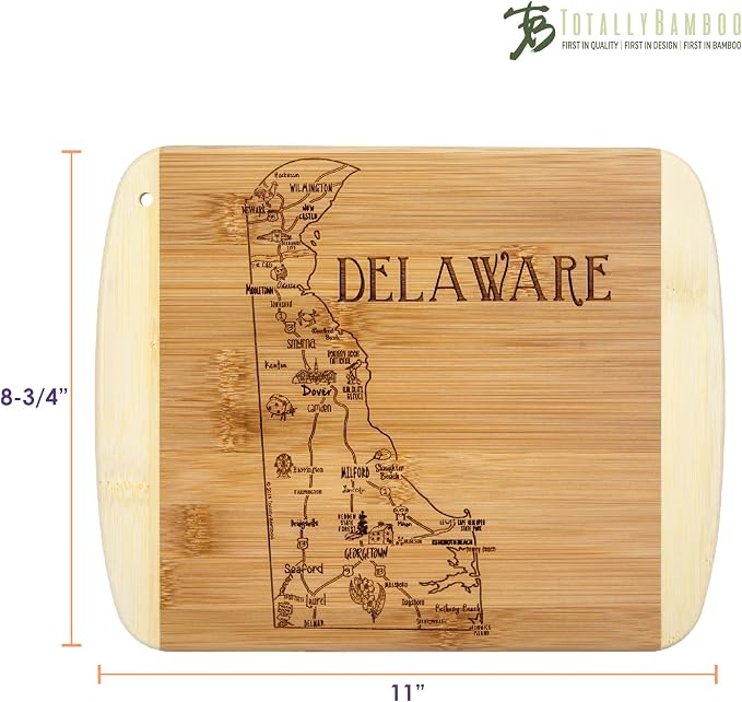 Totally Bamboo A Slice of Life Delaware Engraved Map Cutting Board | 11” x 8.75” charcuterie board with engraved state map artwork. Smooth reverse side for food prep. Hang tie for wall display.