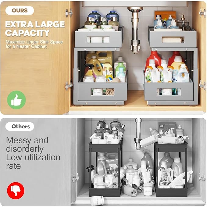 2 Packs 17IN Depth Under Sink Organizer, 2-Tier Pull Out Cabinet Organizer With Smooth Circular Rail, Large Capacity Metal Mesh Sliding Drawers For Bathroom& Kitchen Storage,Height Adjustable–Gun Gray