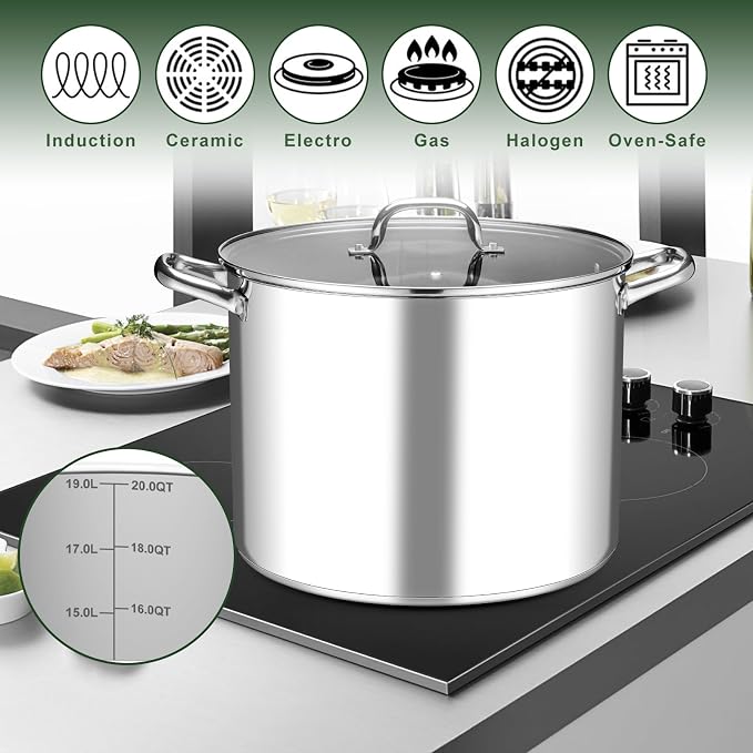 Leonyo 20 Quart Stainless Steel Cooking Pots, Large Stock Pot Cookware | Visible Lid & 3-Ply Base for All Stoves, Heat-conducting & Large