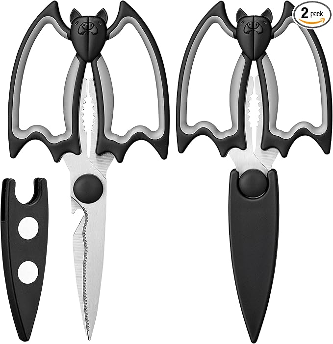 OMDAR Bat Kitchen Scissors All Purpose 2 Pack - Halloween Goth Cute Kitchen Shears - Heavy Duty Stainless Steel Cooking Shears for Cutting Meat, Food, Poultry - with Magnetic Blade Guards