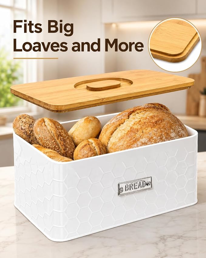 Bread Box for Countertop, Small White Metal Bin with Bamboo Lid | Small farmhouse bread storage container and bread bin with cutting board lid for homemade bread and baked goods organization.