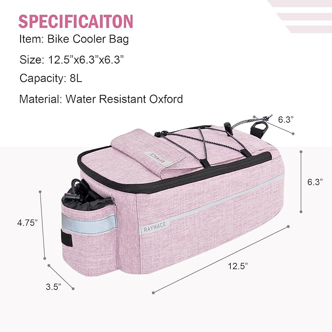 RAYMACE Bike Rear Rack Bag, Bike Trunk Cooler Bag | Bicycle Pannier for Warm or Cold Items(Pink)