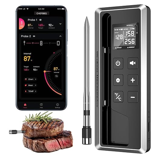 Wireless Meat Thermometer with Smart APP Control | 800ft Bluetooth Grill Food Thermometer, 0.19In Ultra Thin Probe, ±0.5℉ Accuracy, Digital Backlit Screen for BBQ, Oven, Smoker