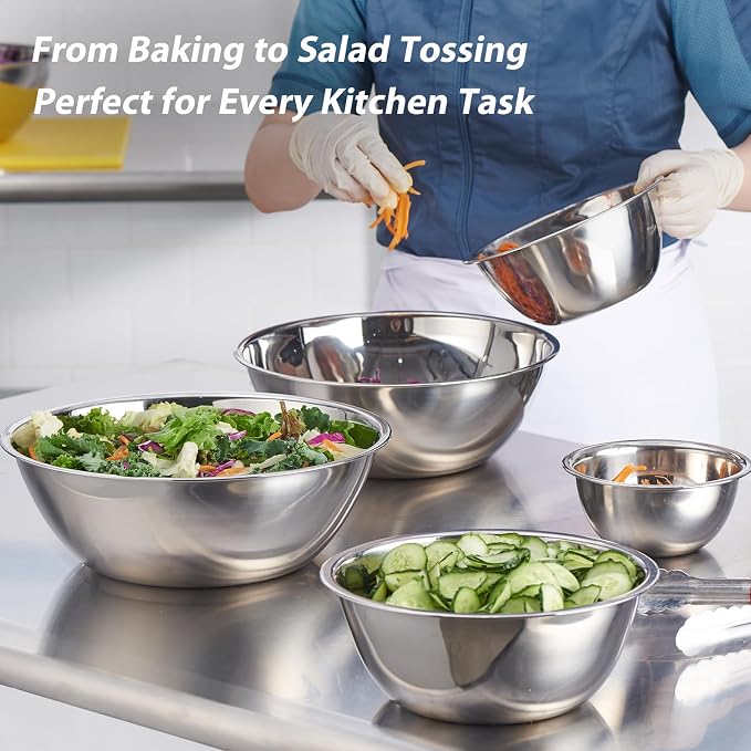 Stainless Steel Mixing Bowls Set of 5, 0.6 to 6 QT | Heavy Duty Nesting Metal Bowls, 0.6, 1.7, 2.9, 4.9, 6 QT, Flat Base, For Baking, Cooking, Salad Mixing & Bread Dough Kneading