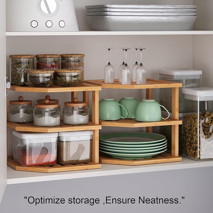 VERTORGAN 3 Tier Bamboo Dish Drying Rack,Corner Shelf 2 Pack(Natural) | Pantry Storage,Dish Rack,Spice Rack,Corner Organizer,Kitchen Counter Shelves,Kitchen Storage,Holds Plates