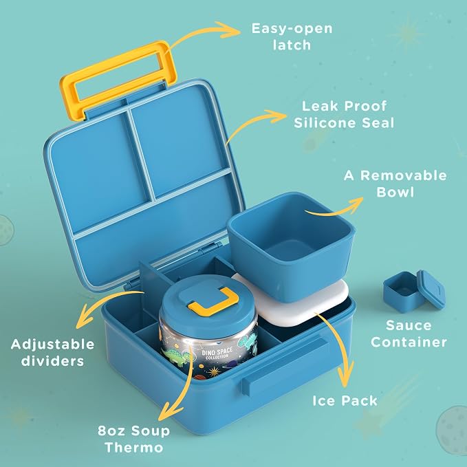 Kids Lunch Bento Box with 8oz Thermo/Ice Pack, BPA-Free, for School | Leak-proof Food Containers with 5 Compartment, Insulated Food Jar, Dishwasher Safe, Easy to Clean, Lunch Box for Girls Boys