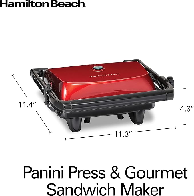 Hamilton Beach Electric Panini Press Grill with Locking Lid, Opens 180 Degrees for Any Sandwich Thickness, Nonstick 8" X 10" Grids, Red (25462Z) | Floating Hinge Evenly Cooks Any Sandwich | Locking Lid | PFAS-Free Non-Stick 8" x 10" Grids | Red